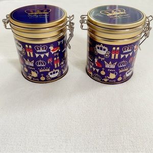 Milly Green British Decorative Clamp Tins Pair Purple Gold Empty